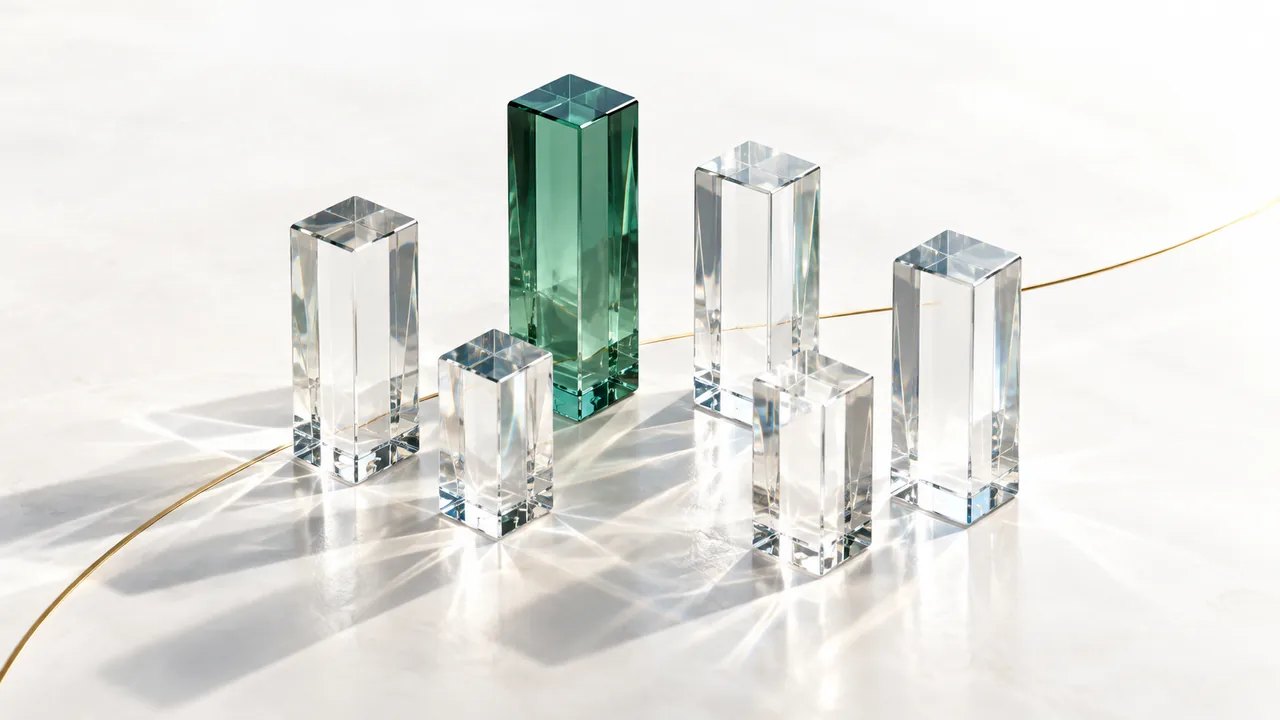 Clear crystal prisms and geometric shapes represent insightful market research.