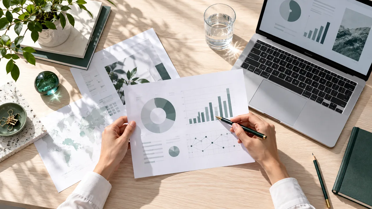 A person analyzes data charts and graphs on a light-colored desk, supporting market research insights.