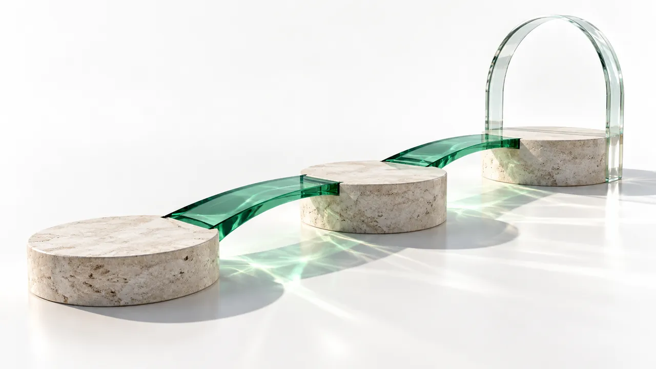 A modern art installation with flowing green glass and stone pedestals represents feasibility analysis.