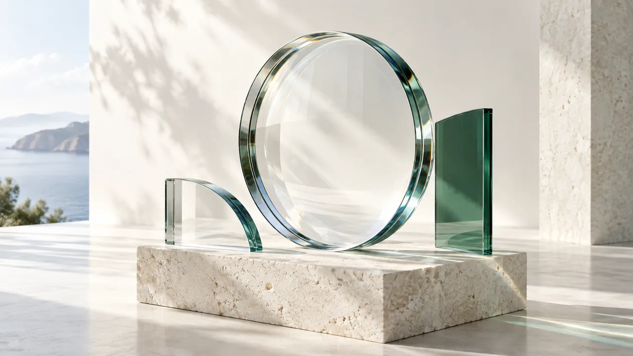 A minimalist glass sculpture on a stone pedestal overlooks the ocean, representing insightful market research.