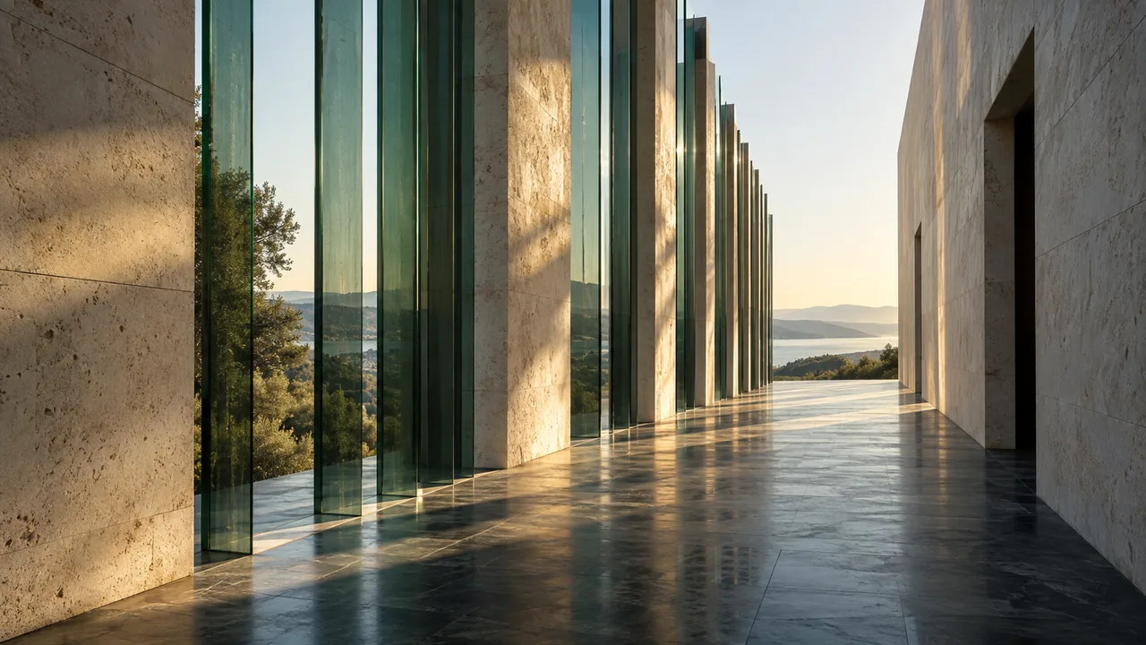 A long corridor with stone walls and glass panels overlooks a distant landscape, representing CAQA Clarity's approach to.
