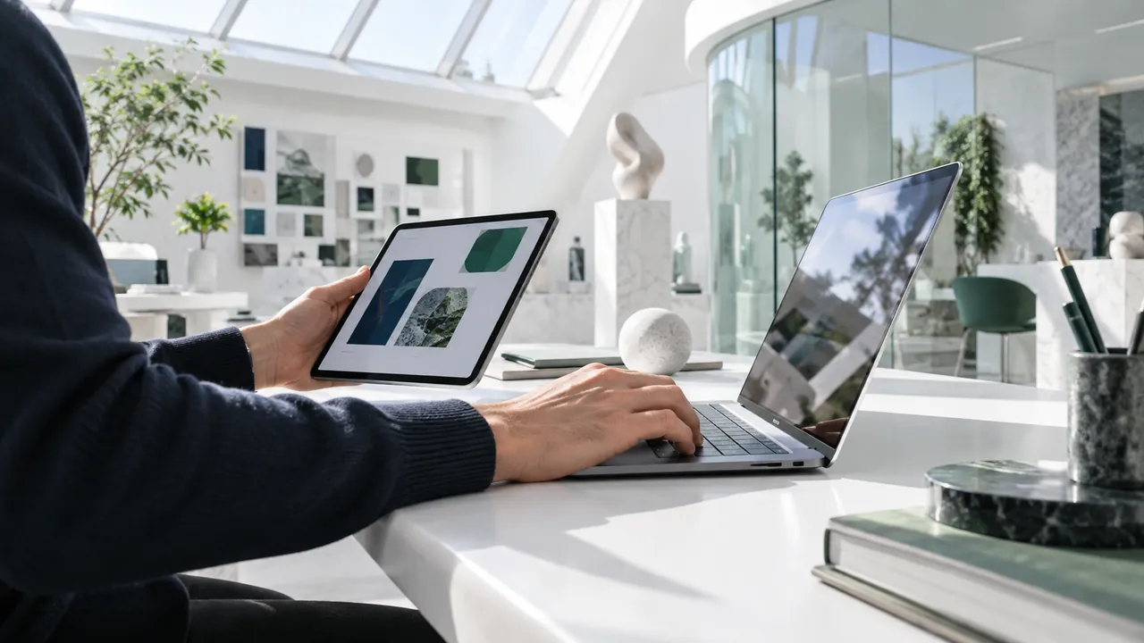 A person works on a tablet and laptop at a bright desk, demonstrating our market research approach.