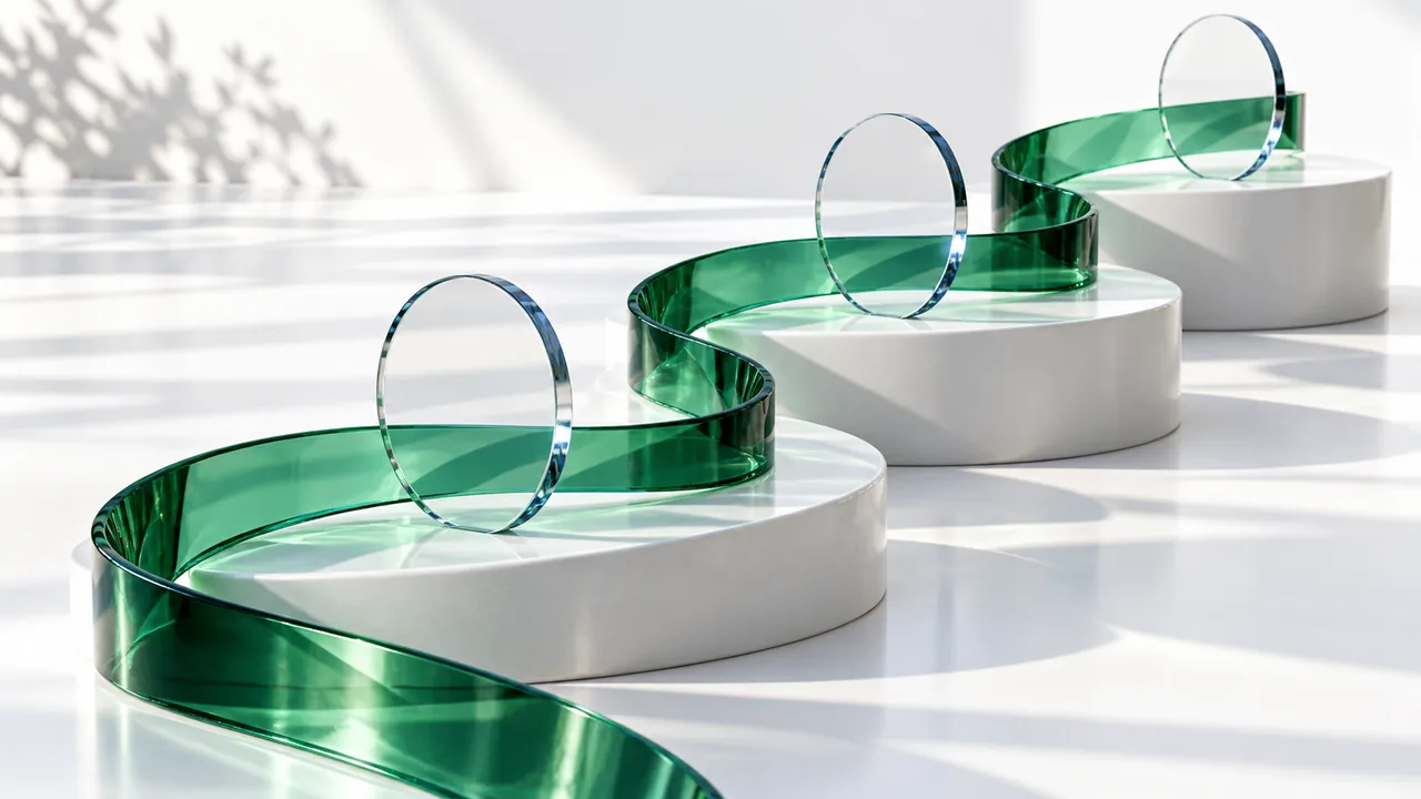 A minimalist graphic shows a green ribbon on cylindrical platforms, representing strategy and roadmap reports.