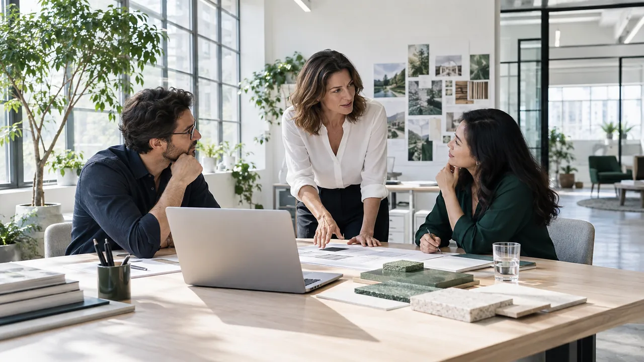 Three professionals collaborate on strategy with design materials and a laptop, supporting market research.