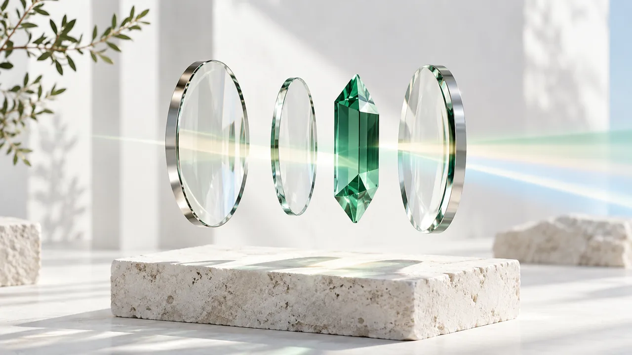 Four transparent lenses float above a stone platform, representing clarity in market research.